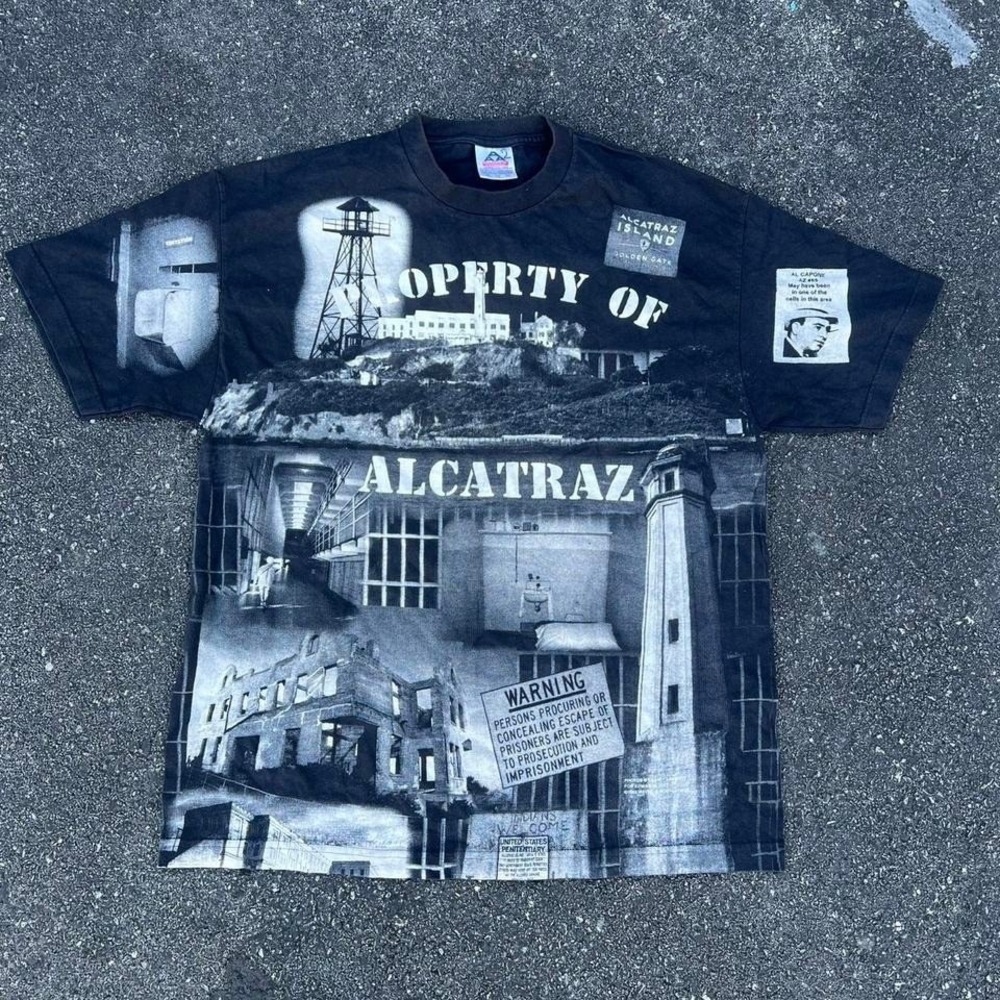 1990s Graphic "Property of Alcatraz" Prison All Over Print  Shirt size XL